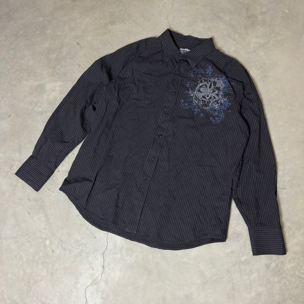 Y2K Machine Pinstripe Graphic Button Down Shirt Mens XL Black Purple Grunge Alt